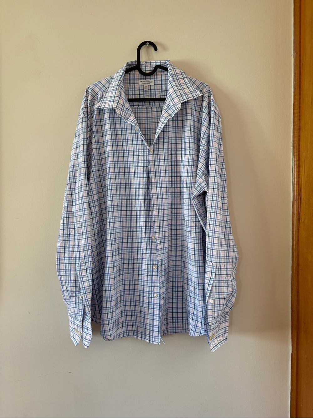 Peter Millar Men's Light Blue and White Plaid Button-Down Shirt XL